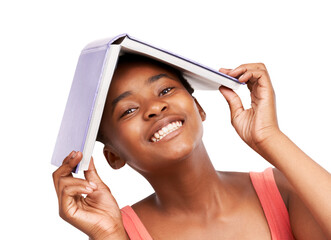 Portrait, education and book with a student black woman isolated on a transparent background for...