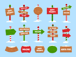 Snowy Christmas wooden signs. Happy winter holidays, Santas house, Xmas elf village, toy shop and welcome pointers with snow caps cartoon vector set