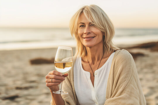 Illustration of mature senior woman with wine on the beach