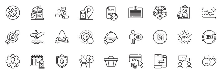 Fototapeta na wymiar Icons pack as Eco organic, Qr code and Internet document line icons for app include Blood donation, Target, Phone communication outline thin icon web set. Water splash, Shop cart. Vector