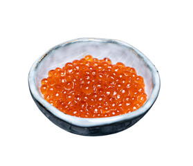 Red fresh grainy salmon caviar in a plate on white background with clipping path. Full Depth of...