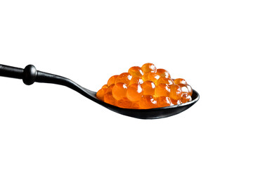 Red fresh grainy salmon caviar in metal spoon on white background with clipping path. Full Depth of field. Focus stacking. PNG