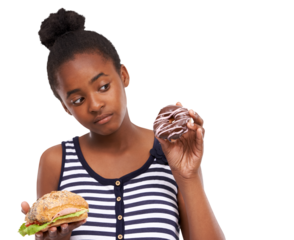 Choice, health and a child with food doubt isolated on a transparent png background. Bad, thinking and an African girl with a sandwich or a donut and decision to be healthy while eating for diet