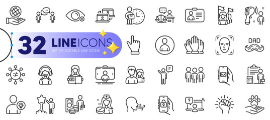 Fototapeta na wymiar Outline set of Star, Court judge and Face detection line icons for web with Group, Support, Farsightedness thin icon. Accounting, Money profit, Agent pictogram icon. Nurse, Delivery man. Vector