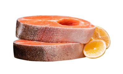 Raw steak of salmon, trout, slice of fresh raw fish isolated on white background with clipping path. Full Depth of field. Focus stacking. PNG