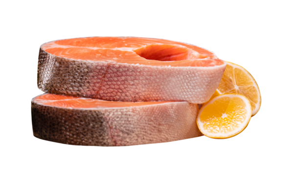 Raw steak of salmon, trout, slice of fresh raw fish isolated on white background with clipping path. Full Depth of field. Focus stacking. PNG