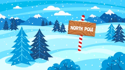 Foto op Plexiglas North Pole sign. Snowy forest woods landscape with location pointer, cartoon winter background for festive Christmas vector illustration © WinWin