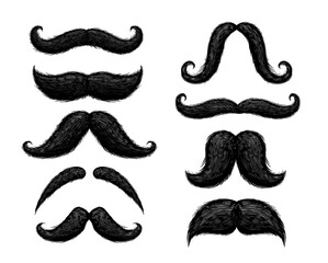 Hand drawn mustache. Old-fashioned curly Hipster bushy mustaches, vintage facial hair barber styles and retro gentleman symbol vector illustration set