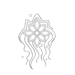 Mystical Cosmic Flower, Deco Element. Aesthetic Object, Futuristic Abstract Concept. Fantasy Background. Vector Contour Illustration. Coloring Book Page