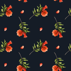 Dark blue and red pomegranates flowers and seeds watercolor seamless pattern with bright branches. Botanical background for natural cosmetics, tablecloths, dresses