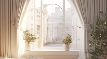 Fototapeta na wymiar White Living Room Window Tieback Detail. Interior Design.