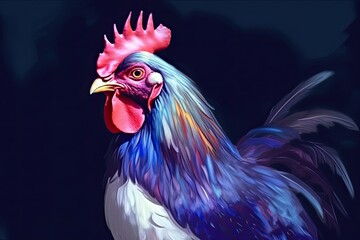 A beautiful image of a handsome rooster in shades of light violet and dark azure resembling a painting. Generative AI