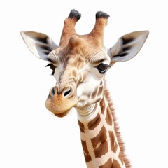 A photorealistic mural painting of a young giraffe's head on a white background. Generative AI