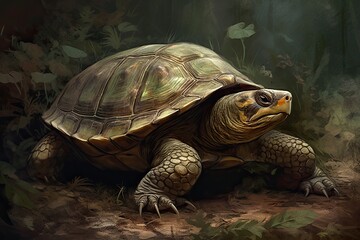 Obraz premium An illustration of a cartoon turtle on the ground in light brown and green colors. Generative AI