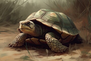 An illustration of a cartoon turtle on the ground in light brown and green colors. Generative AI