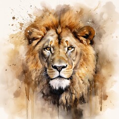 A watercolor painting of the head of an elegant lion, the king of the jungle, in dark beige and golden colors. Generative AI