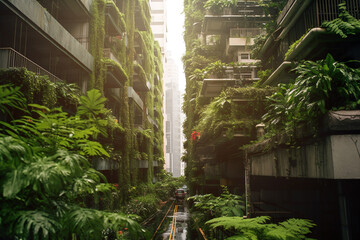 Illustration of city with plants as urban jungle