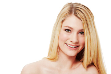 Haircare, face and happy blonde woman isolated on a transparent png background. Portrait, natural...
