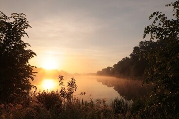 Sunrise over a lake on a foggy spring day - 613127696