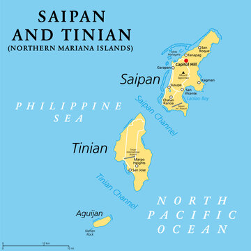 Saipan and Tinian, Northern Mariana Islands, political map. Islands of the Mariana Archipelago. Unincorporated territory and commonwealth of the United States, with administrative center Capitol Hill.
