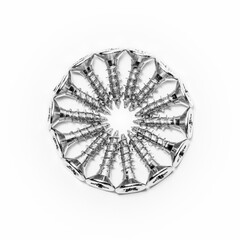 Screws neatly arranged in a circle on a white background. Zinc head screws.