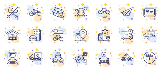 Outline set of Select flight, Bike and Paper plane line icons for web app. Include Delivery warning, Ambulance transport, Charging station pictogram icons. Baby carriage, Gps. Vector