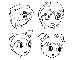 Cute cartoon faces heads vector illustration art set