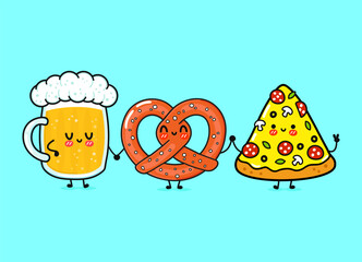 Cute, funny happy glass of beer, pizza and pretzel. Vector hand drawn cartoon kawaii characters, illustration icon. Funny cartoon glass of beer, pizza and pretzel mascot friends concept