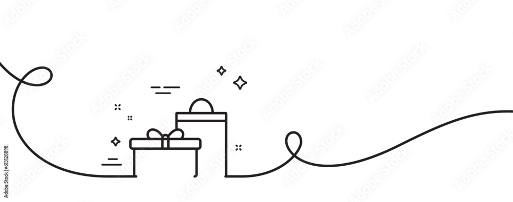 Poster gift box with bag line icon. continuous one line with curl. present or sale sign. birthday shopping 