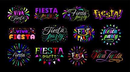 Viva fiesta party lettering. Holiday Celebration emblem in Mexican, Latin, and Spanish traditions. Ornamental event badges vector set