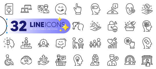 Outline set of Valet servant, Stress and Business podium line icons for web with Smile chat, Depression treatment, Yummy smile thin icon. Weariness, Electronic thermometer. Vector