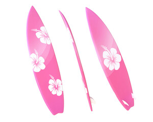 3D Rendering Hibiscus Hawaii Pink Flower Surfboard Front, Side And Back View Isolated On Transparent Background, PNG File 