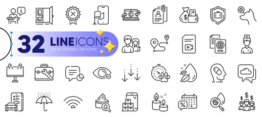 Outline set of Tool case, Statistic and Car registration line icons for web with Weather forecast, Aroma candle, Discounts calendar thin icon. Journey, Interview documents. Vector