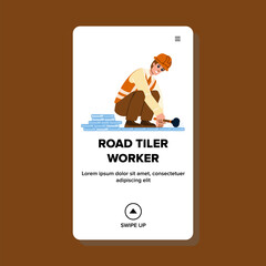 road tiler worker vector. job street, paving work, building construction, equipment site, city industrial road tiler worker web flat cartoon illustration