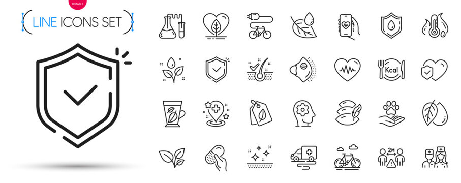 Pack Of Heartbeat, Medical Mask And Doctor Line Icons. Include Clean Skin, Life Insurance, Mineral Oil Pictogram Icons. Shield, Calories, Pillow Signs. Electric Bike, Social Distance. Vector