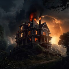 dark gloomy Victorian mansion is on fire on top of a hill. Postcard, template for Halloween. Scary mystical house. Fire in the house. Generative AI technology