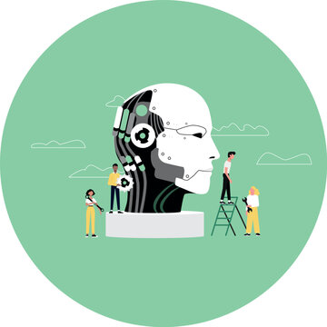 illustration sur l'intelligence artificielle avec des personnages qui construisent une t&ecirc;te de robot
