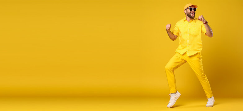 Funky guy dance summer vacation active person wear shirt pants shoes sun specs isolated yellow color backgroundtext copyspace banner background. Generative ai