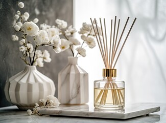 Reed diffuser and vase with bouquet on wooden nightstand in bedroom. Created with Generative AI technology