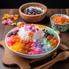 Fototapeta na wymiar Colorful bowl of Ice Kachang with sweet treats