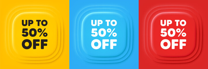 Up to 50 percent off sale. Neumorphic offer banners. Discount offer price sign. Special offer symbol. Save 50 percentages. Discount tag podium background. Product infographics. Vector