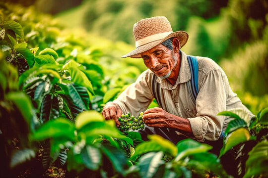Old man picking coffee from a coffee plantation in South America