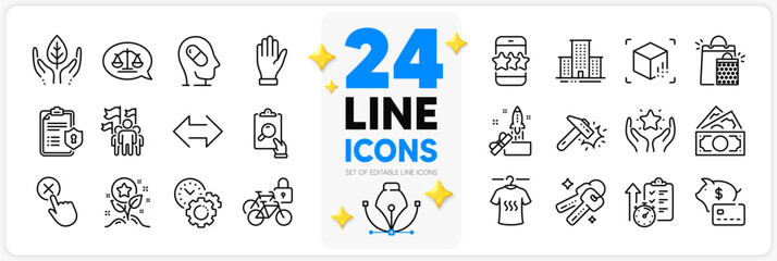 Icons set of Star, Innovation and Dry t-shirt line icons pack for app with Loyalty points, Money, Timer thin outline icon. Ranking, Justice scales, Bicycle lockers pictogram. Fair trade. Vector