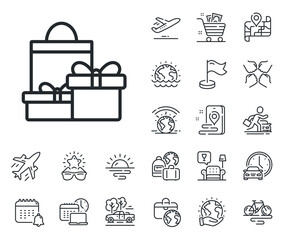 Present or Sale sign. Plane jet, travel map and baggage claim outline icons. Gift boxes with bag line icon. Birthday Shopping symbol. Package in Gift Wrap. Shopping line sign. Vector