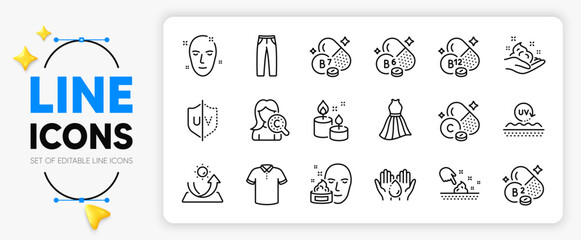Collagen skin, T-shirt and Pants line icons set for app include Uv protection, Cobalamin vitamin, Health skin outline thin icon. Face cream, Uv protection, Riboflavin vitamin pictogram icon. Vector