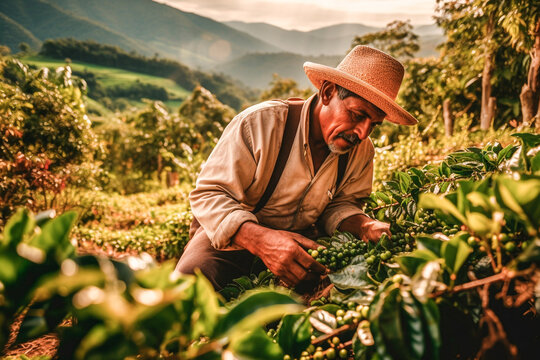 Old man picking coffee from a coffee plantation in South America