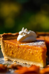 Beautiful close-up of a slice of delicious pumpkin pie outdoors, made with generative AI