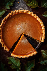 Beautiful close-up of delicious pumpkin pie shot indoors from above, made with generative AI
