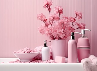 Fototapeta na wymiar Soft light bathroom decor in pastel pink color, towel, soap dispenser, white flowers, accessories on pastel pink shelf. Created with Generative AI technology.