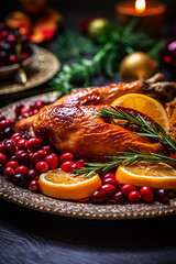 Beautiful close-up of delicious Thanksgiving turkey nicely decorated on a plate, made with generative AI